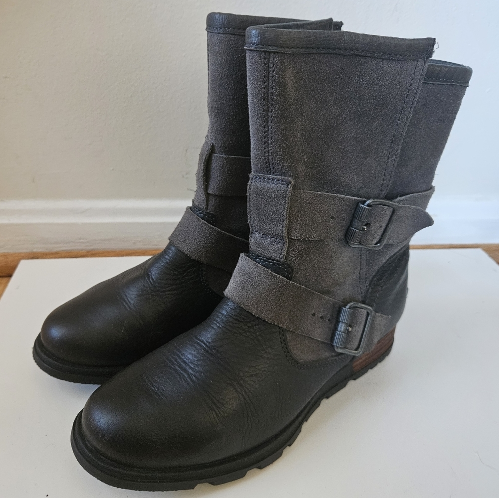 Sorel Womens Boots 5 Major Moto Fold Over Gray Suede Black Leather Fold Over